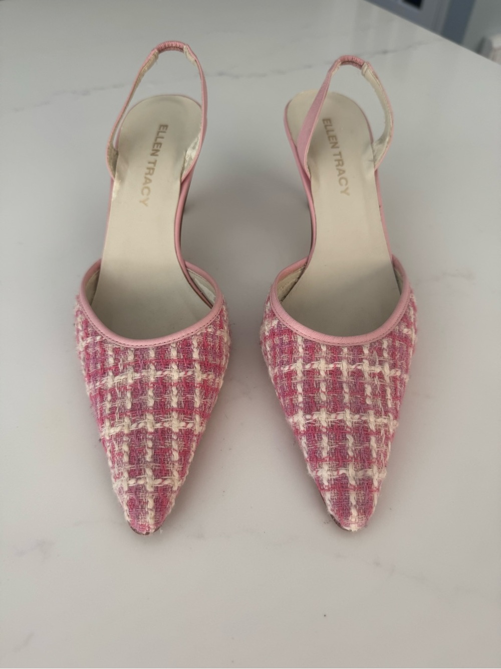 Ellen Tracy Pink and Cream Tweed Pointed Slingback Mules